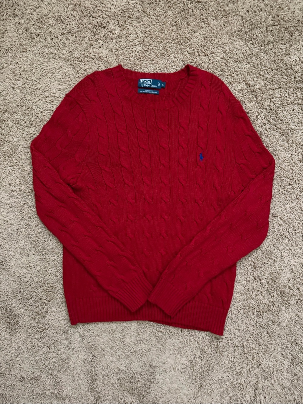 Vintage Polo Ralph Lauren Red Cable-Knit Cotton Sweater Crew Neck Long Sleeve L